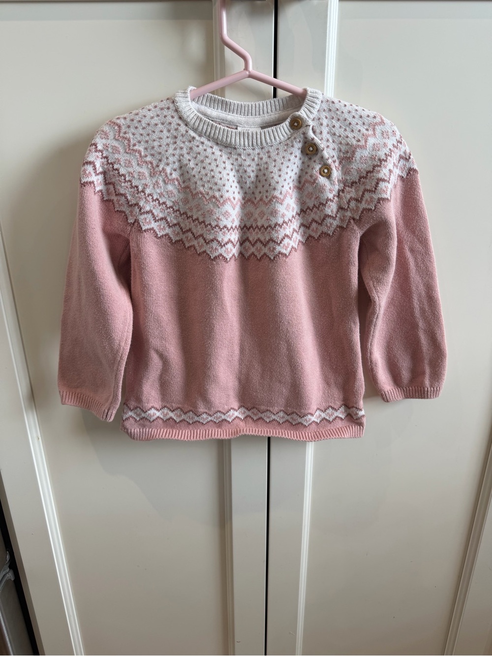 H&M 2t Girls' Pink and White Fair Isle Sweater with Button Shoulder